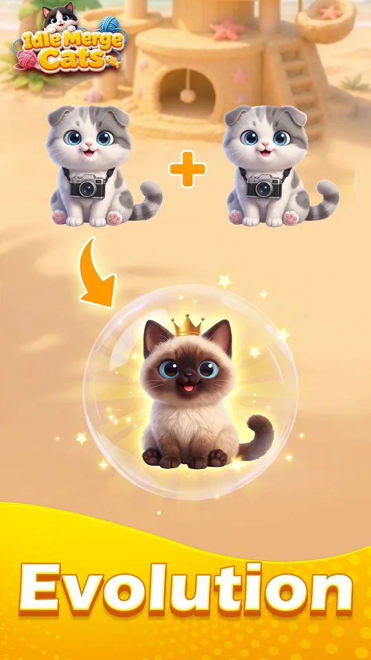 Idle Merge Cats cozy room scene with the game logo
