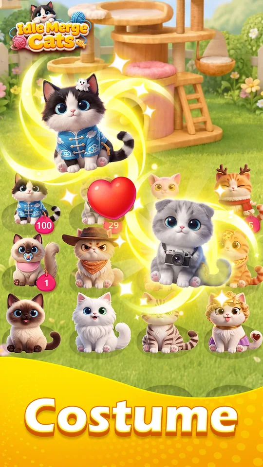 Idle Merge Cats collection screen with adorable cats